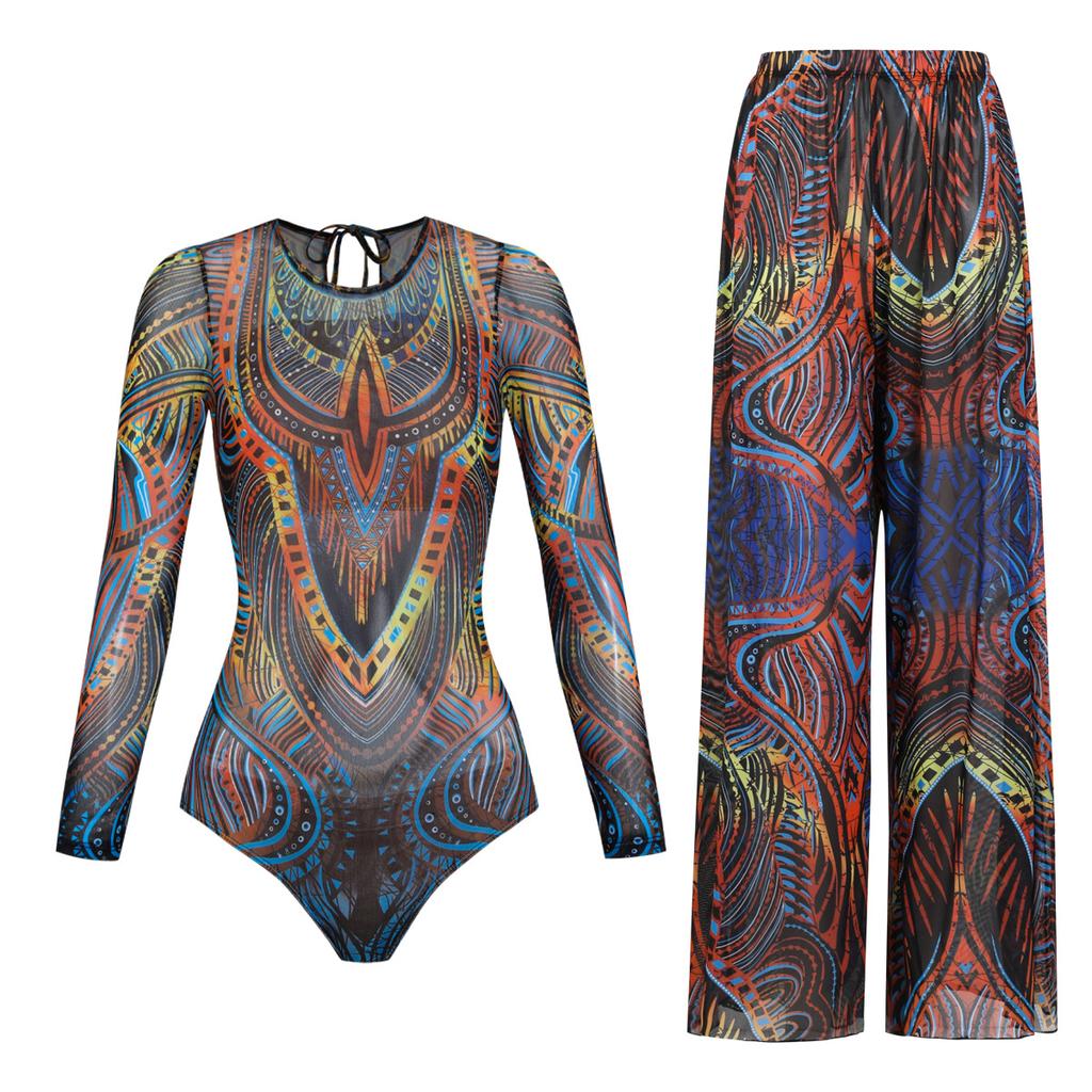 Long-sleeved Sunscreen Swimsuit Women's High Elastic Thickened Mesh Loose Trousers European and American Swimwear Fitness One-piece