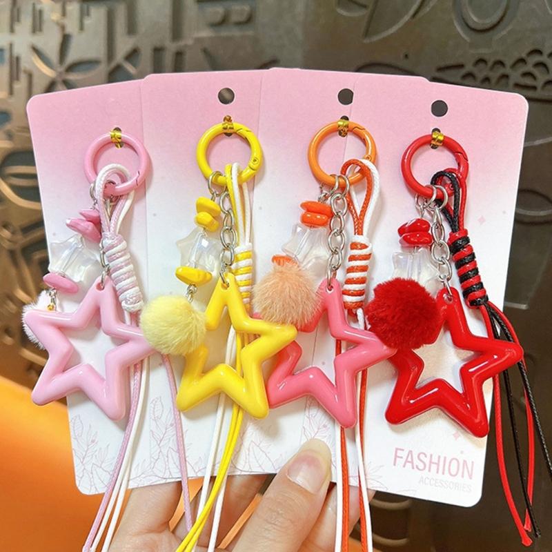 Star Keychain with Decorative Ball and Acrylic Charm, Spring-Gate Clasp and Cord Details for Keys, Bags, and Zipper Pulls