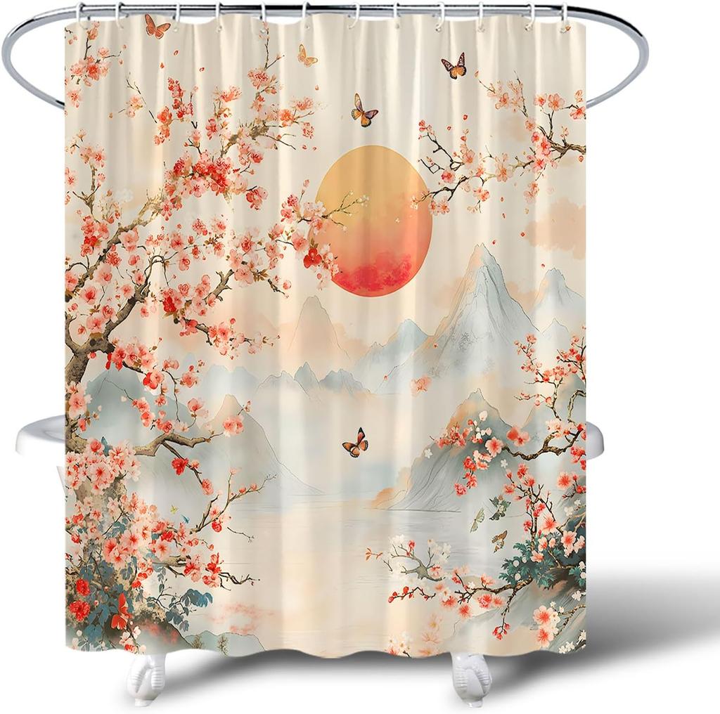 Asian Scenic Shower Curtain Pink Cherry Blossom Floral Butterfly Misty Mountain Japanese Oriental Traditional Spring Landscape