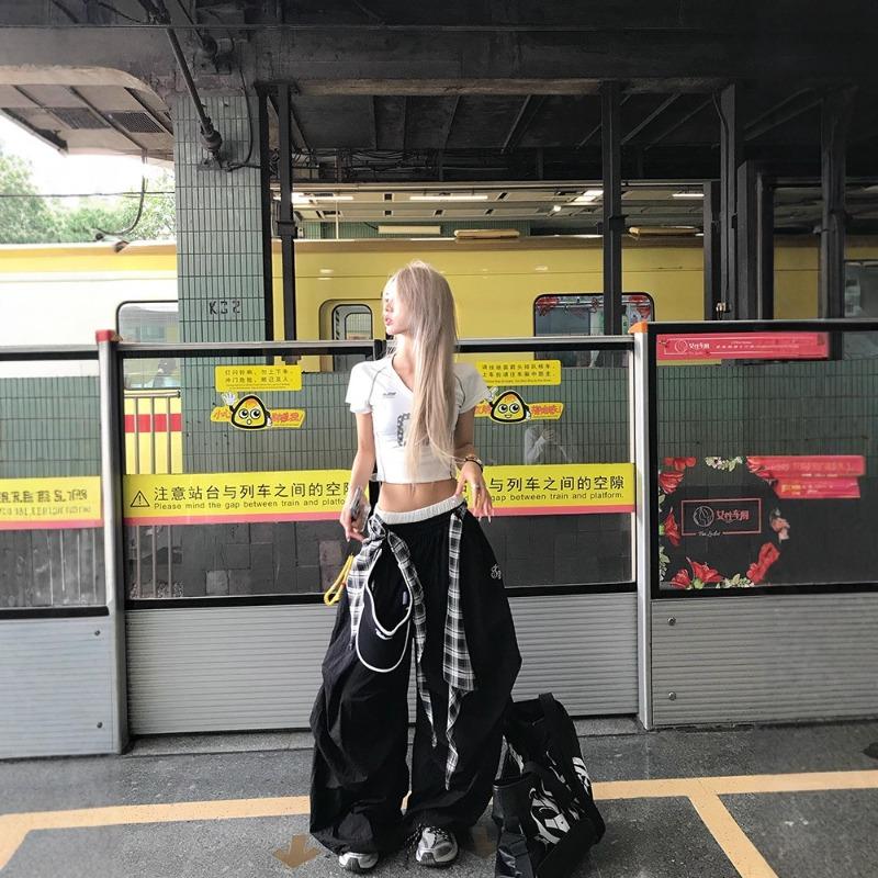 Retro Black Casual Pants Women's Summer Street Jersey Style Street Dance Stacked Wearing Loose Tooling Pants Tide