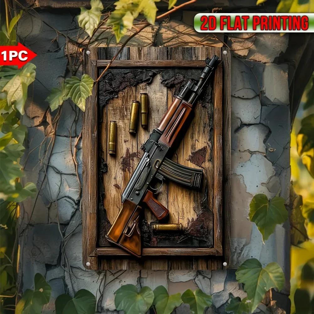 Vintage AK-47 Rifle Print Metal Sign, 1PC Wall Art. A Weatherproof Plaque, Multipurpose for Home, A Striking Wall Hanging Decor.