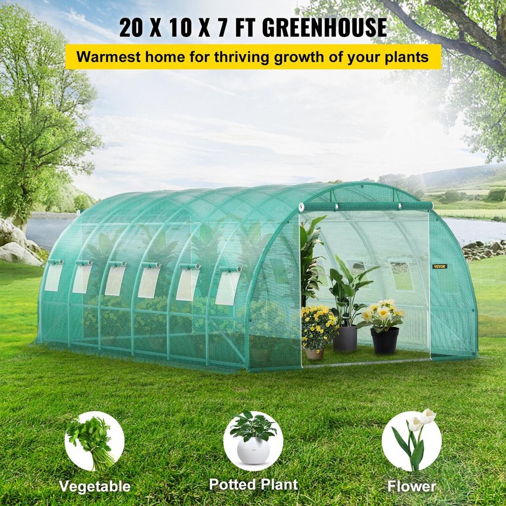 Walk-in Tunnel Greenhouse, 20 X 10 X 7 Ft Portable Plant Hot House W/ Galvanized Steel Hoops, 3 Top Beams, 4 Diagonal Poles, 2 Zippered Doors & 12