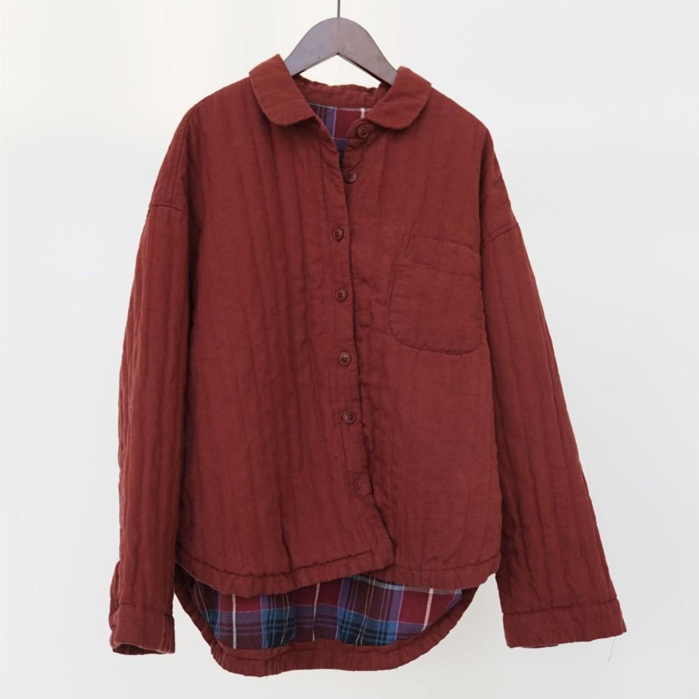 Johnature Women Vintage Winter Shirts Tops Thick Turn-down Collar Solid Color Blouses Long Sleeve Shirts