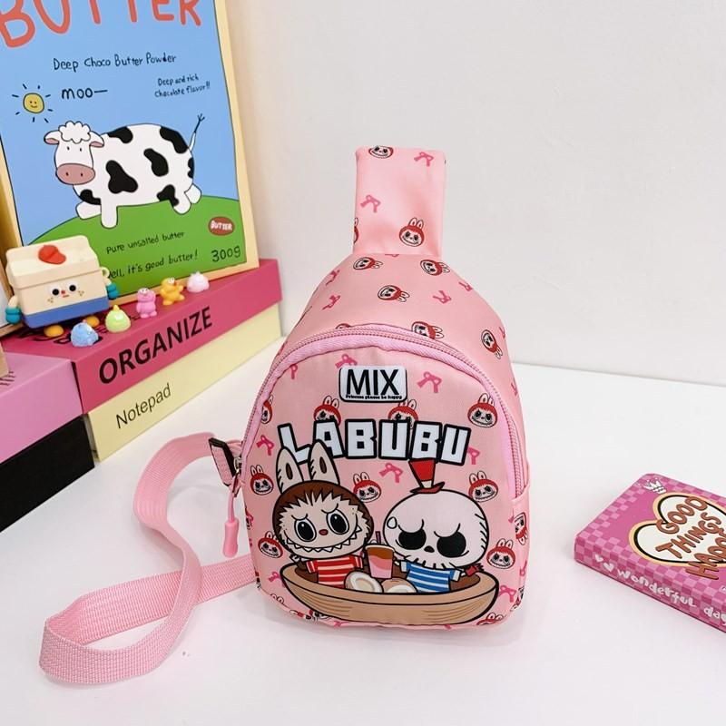 

Labubu Pattern Childrens Cartoon Nylon Crossbody Bag With Breathable Wearresistant Material For Preschool Kids Pink English