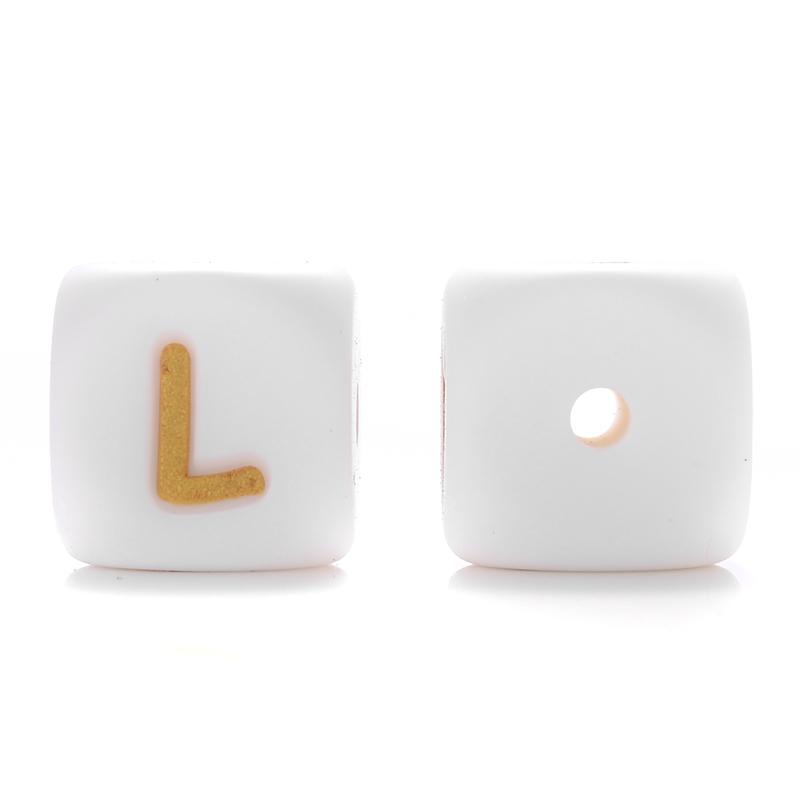

50pcs 12mm White+Gold Silicone Letters Beads Baby Name Teething Teethers English Alphabet Bead for Chew Nursing Shower Gifts