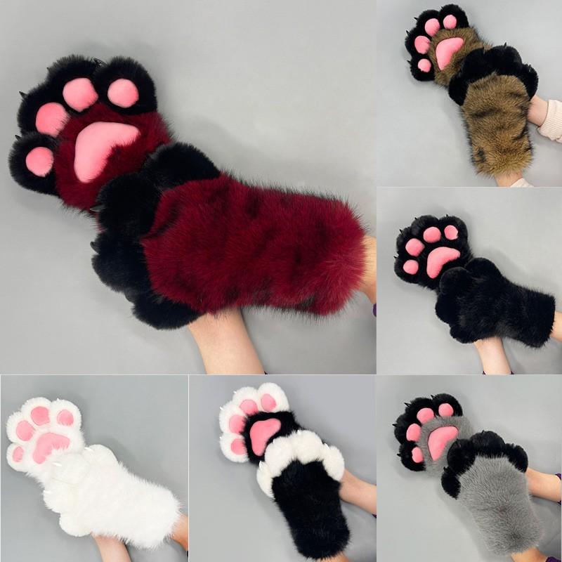 Furry Animal Paw Gloves Cosplay Party Costume Accessory Handmade Knitted Cat Style Soft Plush Unisex One Size
