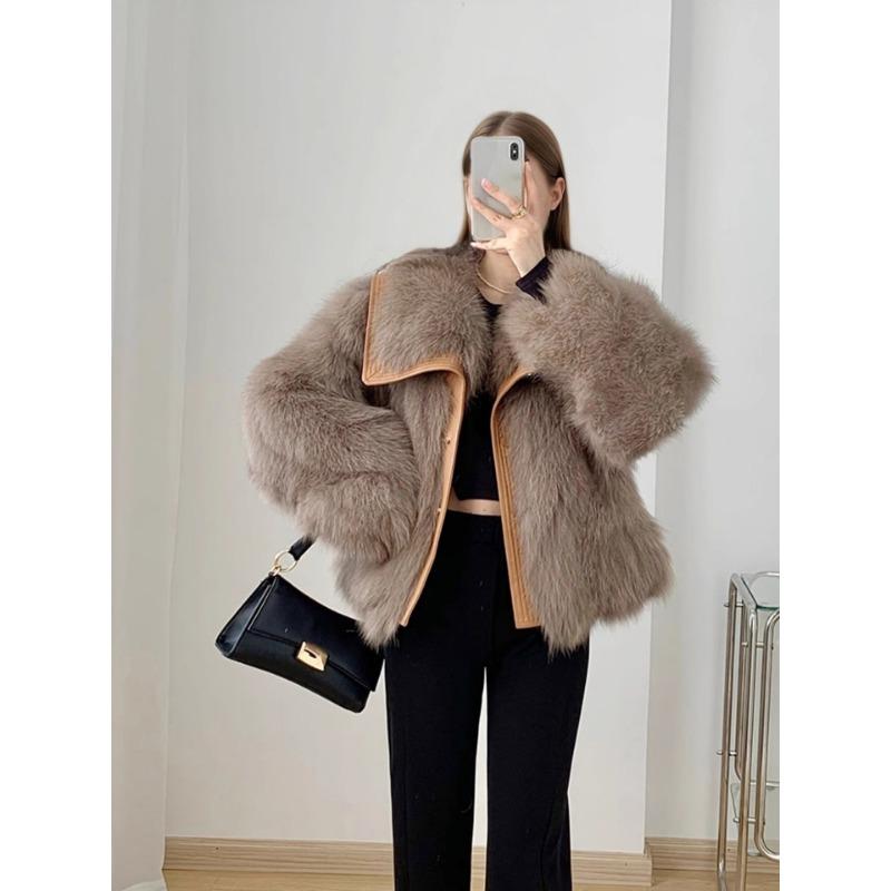 Damski Płaszcz ze Sztucznego Futra Patchworkowe Skórzane Wykończenie Klapy Ciepła Zimowa Kurtka