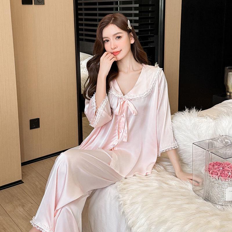 Dámský pyžamový set s dlouhým rukávem z francouzské krajky a ledového hedvábí - Elegantní jarní/podzimní domácí a venkovní oblečení