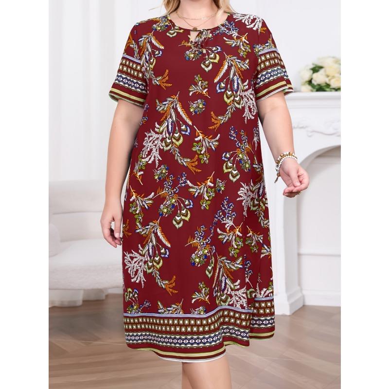 Plus Size, Self-developed Plus Size Casual Plant Print Dress