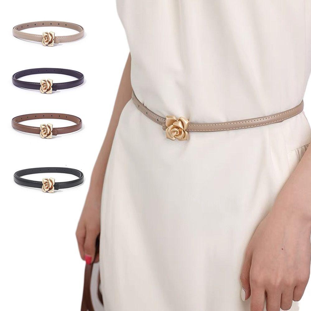 Fashion Rose Design Leather Belt PU Luxury Design Pin Buckle Waistband Versatile Trendy Thin Belt for Women
