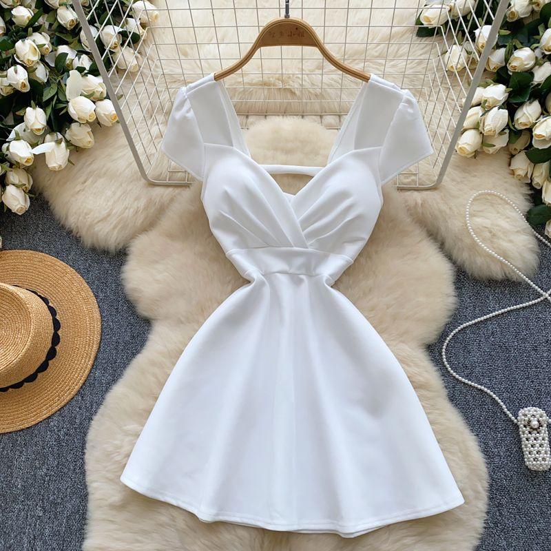 

Summer Women s New Sexy V-neck Push-up Cinched Slimming Short Sleeves Dress Ladies Elegant A- line Adult Lady like Woman Short Skirt White M