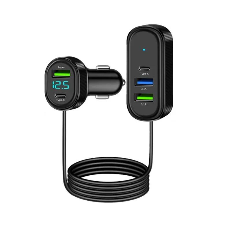 12V-24V 100W 5-poorts Autolader 66W Super Snel Laden Dubbele USB+Type C met Spanningsweergave 150cm Kabel voor iPhone/Android zwart