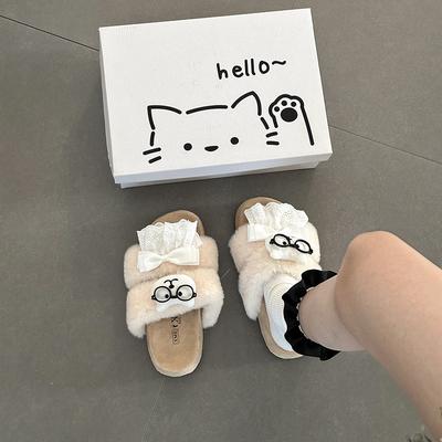 Bear Lace Bow Girl Fluffy Slippers Outer Wear Autumn and Winter Cute Cartoon Thick-bottomed Indoor One-word Slippers