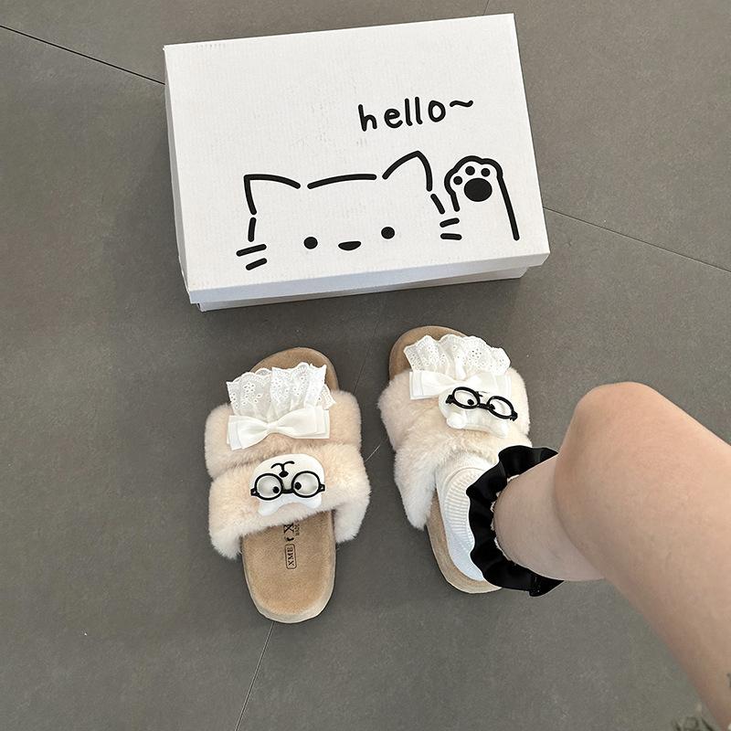Bear lace bow girl fluffy slippers outer wear autumn and winter cute cartoon thick-bottomed indoor one-word slippers