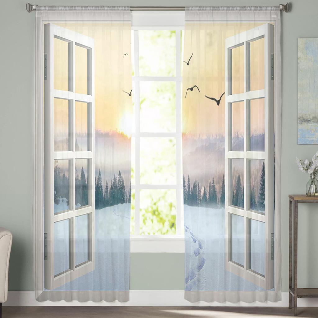 Sheer Sunrise Snow Footprints Tulle Curtains Living Room Bedroom Decoration Chiffon Voile Kitchen Window Curtain Drapes Polyester Washable Area Ready