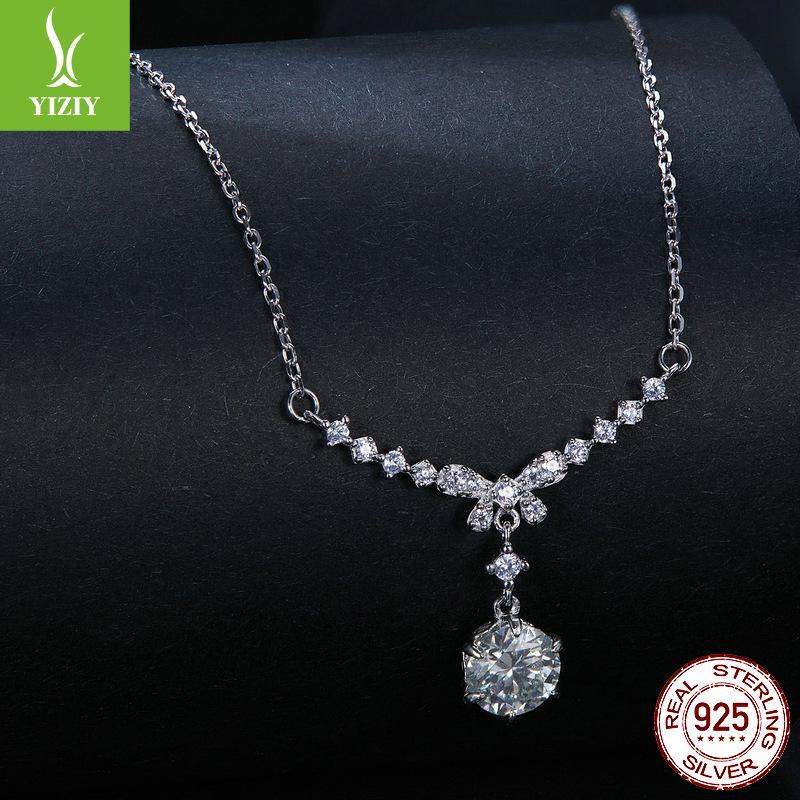 One Carat Bow Mozzarella Diamond Necklace Women, Elegant Luxury Style S925 Sterling Silver Collarbone Chain