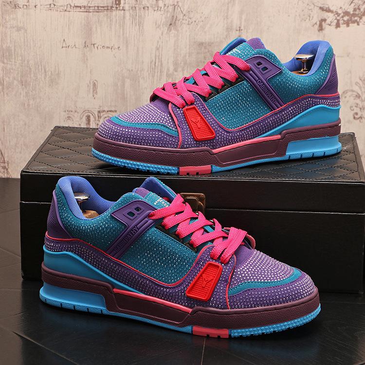 Low Cut Trendy Shoes Men's Rhinestone Fashion Trend Board Shoes Personalized Color Blocking Korean Version Full Diamond Casual Shoes Lightweight