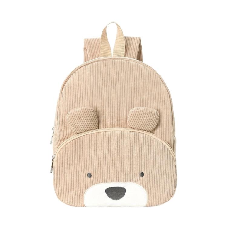 Corduroy Backpack With Bear Detail Generous Storage Space School Bag Casual Daypack for Student and Teens