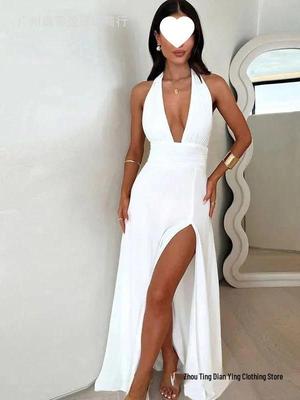 Spring Arrival: Elegant European & American Women's Halter V-Neck Slit Maxi Dress