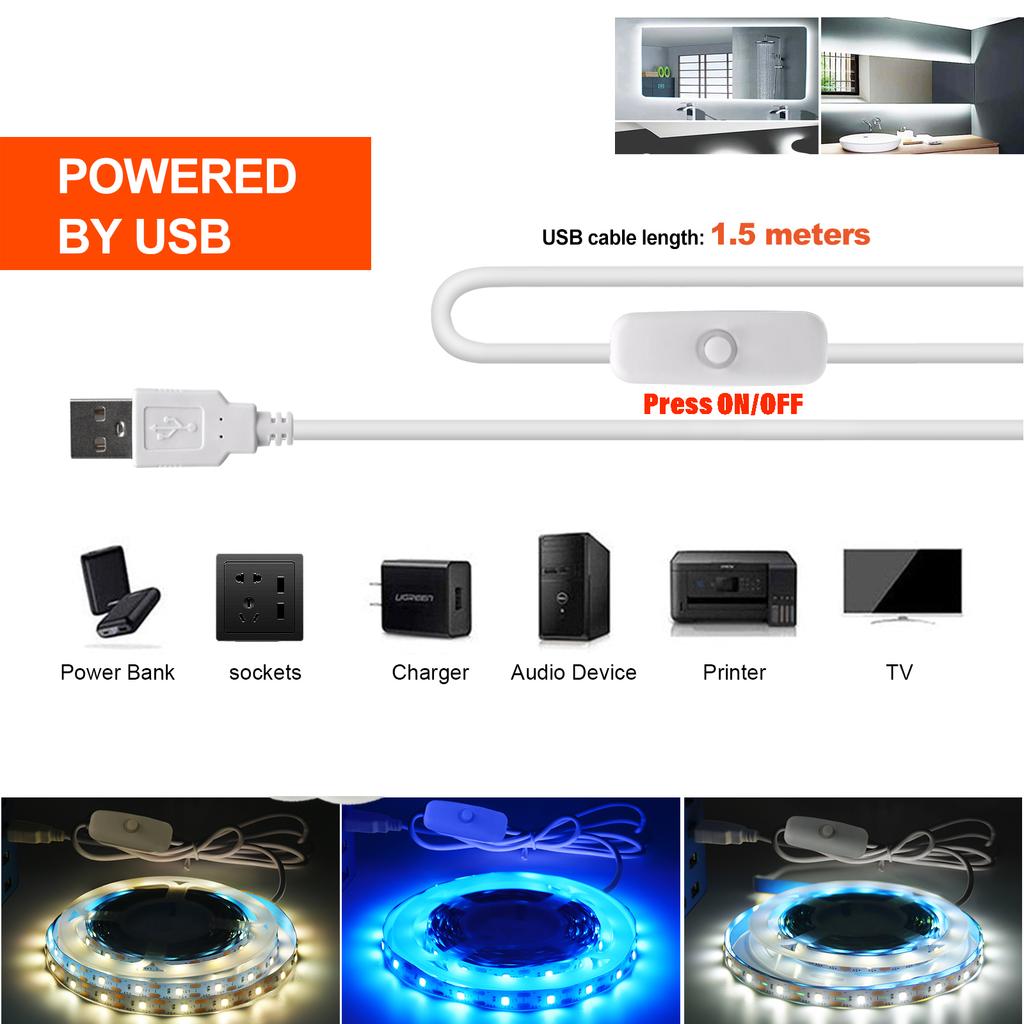 USB LED Strip Light DC5V 2835 With Dimmer/ON OFF Switch Warm Cool White Red Blue Green Pink Led Ribbon Iling Cabinet Light