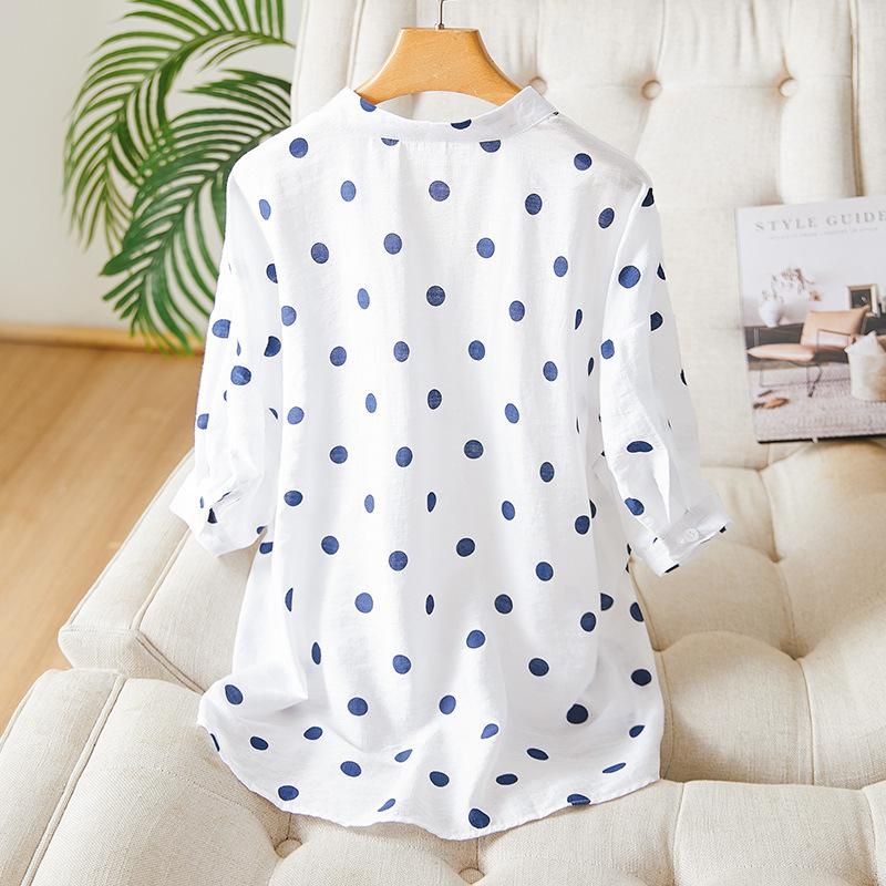 Blusa de Manga Corta con Lunares, Cuello en V y un Bolsillo para Mujer en Verano Último Estilo Literario para Ir al Trabajo Blusa para Mujer