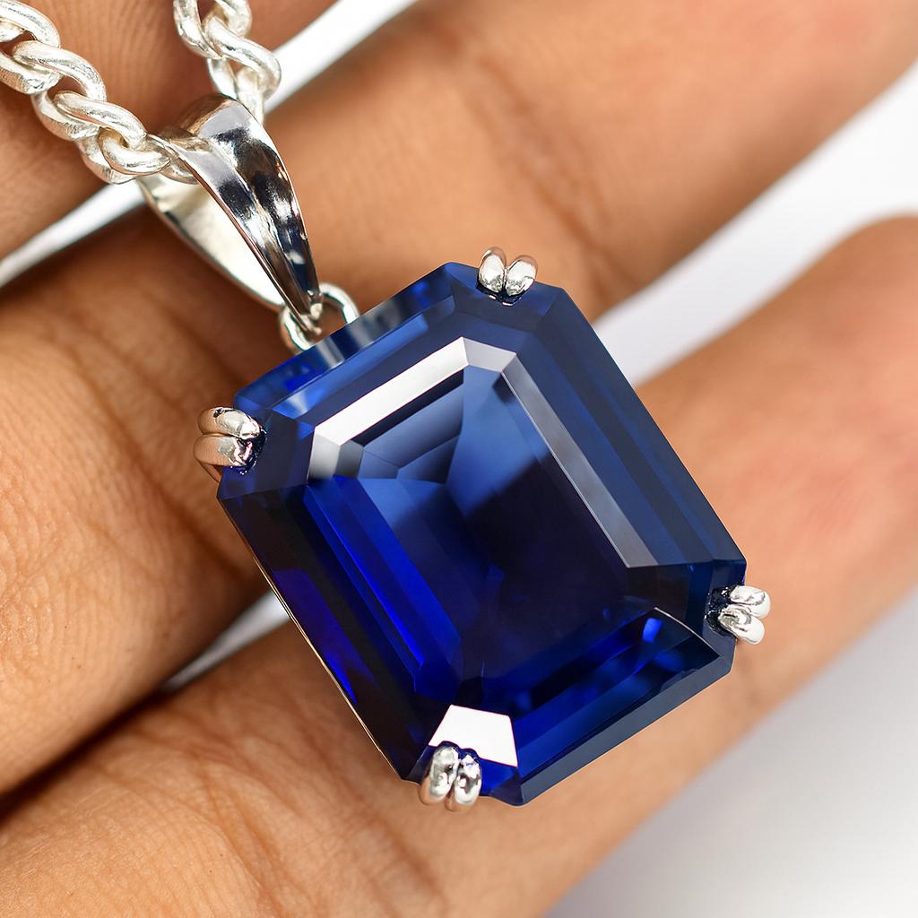 28 Ct Natural Ceylon Blue Sapphire Emerald 925 Sterling Silver Pendant Certified