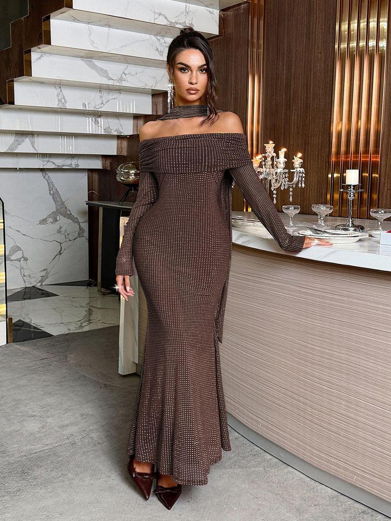 European Strapless Long Sleeve Bodycon Maxi Dress for Women - 2025 Autumn/Winter Collection
