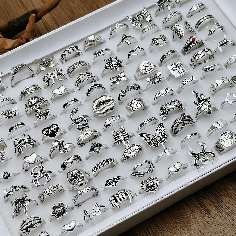 10/20/30/50Pieces Retro Punk Skull Butterfly Rings Set For Women Men Mix Style Gothic Vintage Heart Snake Jewelry Party Gifts