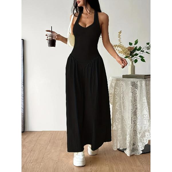 Women Yellow Halter Neck Maxi Dress Sleeveless V-Neck Backless A-Line Long Dress Casual Summer Elegant Beach Party Dresses