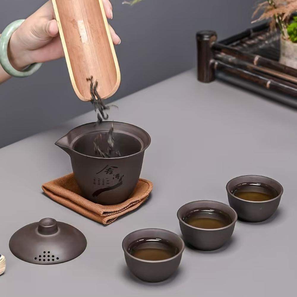 Ceramic Portable Travelling Tea Set Outdoor Camping Tea Set One Pot Three Cups Set