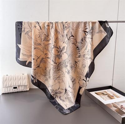 Art Sketch Floral Satin Simulation Silk Printing Large Square Scarf Silk Scarf Shawl Headscarf Neck Protection Scarf Decorative Scarf