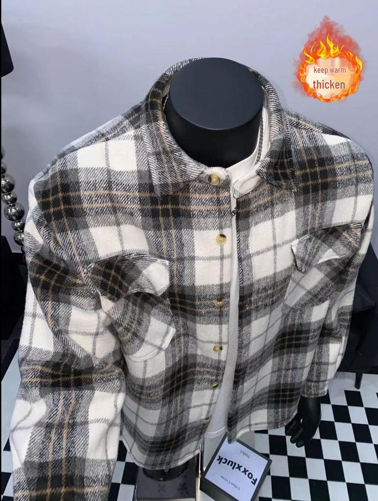 Men's Thickened Plaid Shirt Jacket with Lapel and Pockets - Autumn/Winter