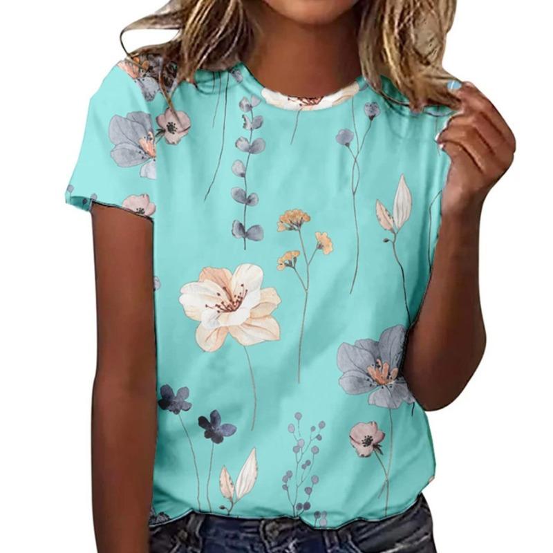 Summer Round Neck 3D Floral Pattern Printed Top Fashionable Casual Short Sleeved Women's T-shirts