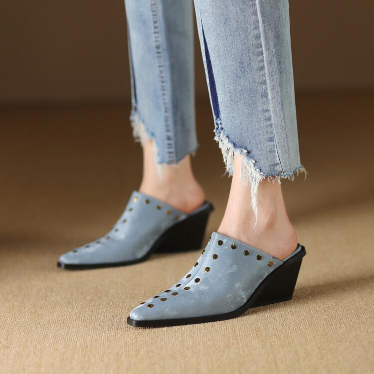 Foreign Trade Rivet Small Square Head Leather Muller Shoes Summer New Bag Head Empty Thick Heel High Heel Sandals Women's Wedge Heel