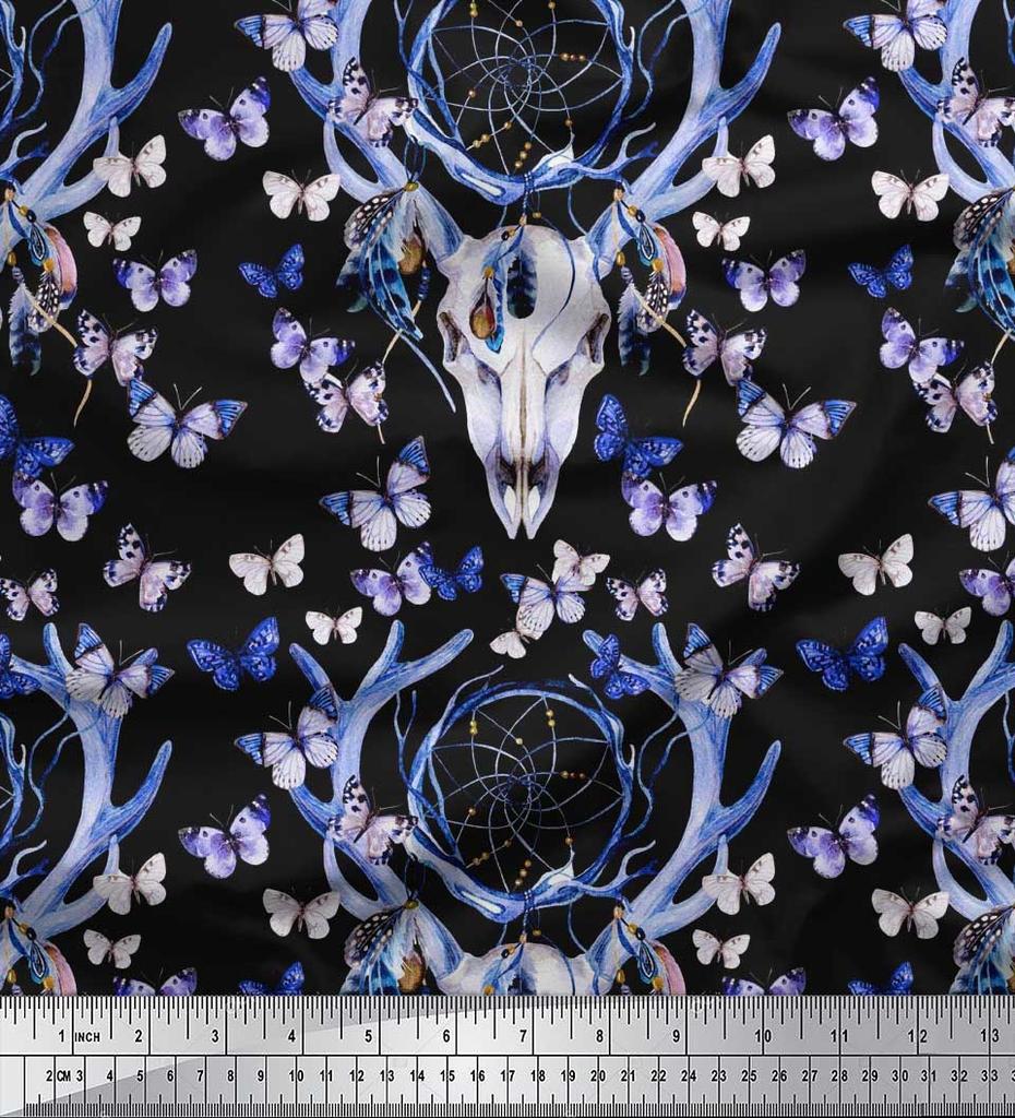 Soimoi Green Japan Crepe Satin Fabric Insect|Dream Catcher & Reindeer Face Animal Fabric Prints by Yard 42 Inch