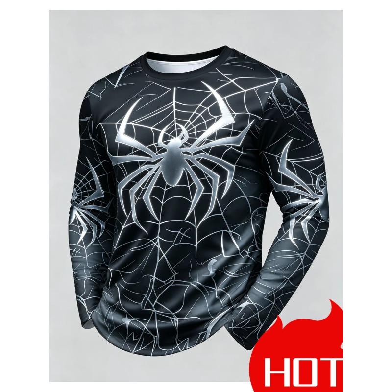 Men's Spider Web Printed Long Sleeved T-shirt For Autumn Casual Street Cool Animal Pattern Top Fashionable Party Style Pullover