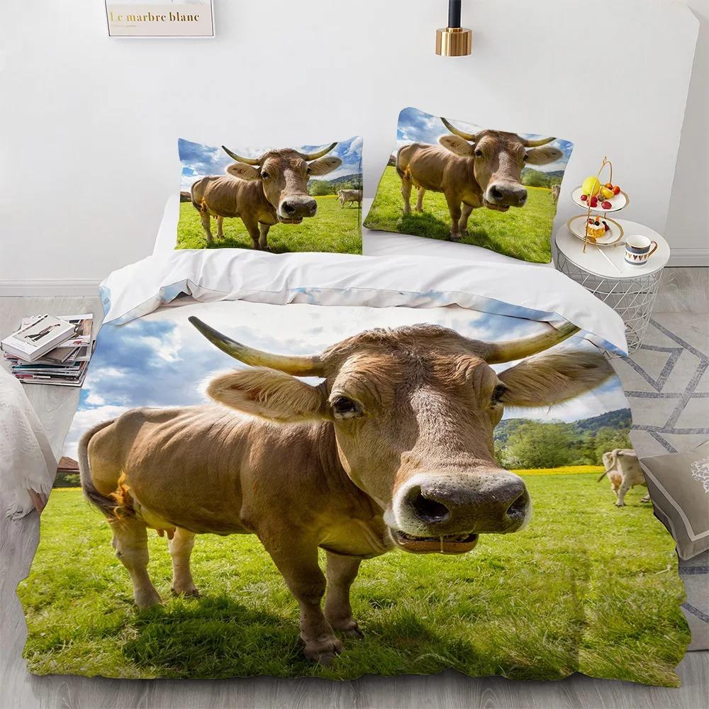 Highland Cattle Duvet Cover Set Funny Farm Animal Comforter Cover For Kids Boy Cow Mountain Meadow Queen Size 2/3pcs Quilt Cover