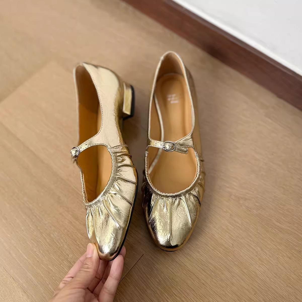 

Туфли-лодочки с плиссировкой в стиле феи, с круглым носком и неглубоким вырезом, женские, лето 2025, новые, балетки на плоской подошве Мэри Джейн, золотые, серебристые 40 золотой
