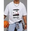 Crew Neck T Shirt White Classic Car Collection Graphic Print for Casual Wear