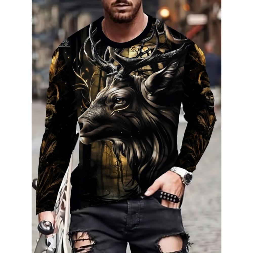 Skeleton Sheep Horn Pattern T-Shirt For Men Tiger Cat Deer 3D Printed T Shirts Autumn Casual Loose O-Neck Tops Tees Long Sleeves