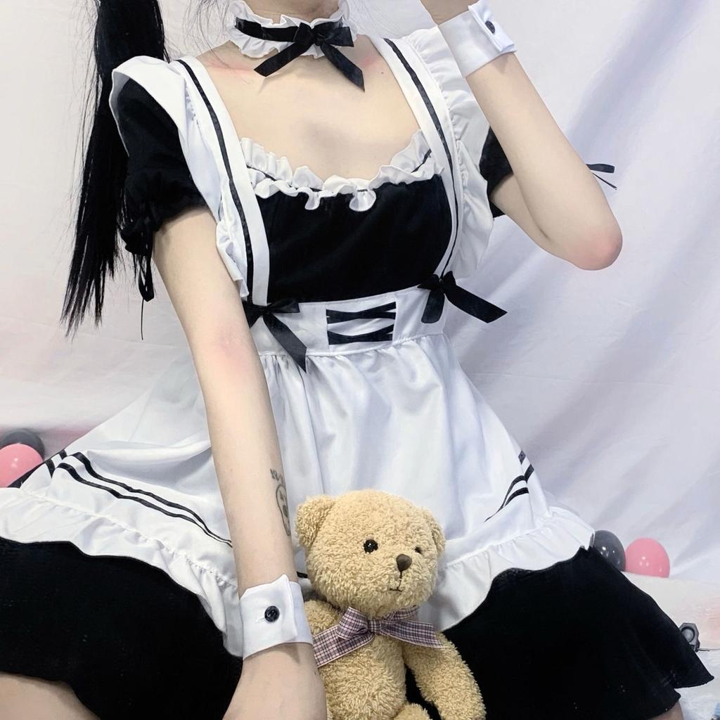 Schwarzes süßes Lolita Cosplay Kostüm Animation Show Outfit Dienstmädchen Kostüme Mädchen Frauen Schöne Dienstmädchen Kleid Kleidung