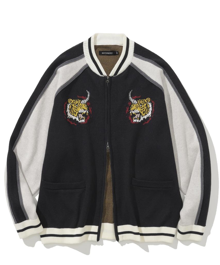 Not4Nerd Horned Tiger Souvenir Knit Zip Up - Black