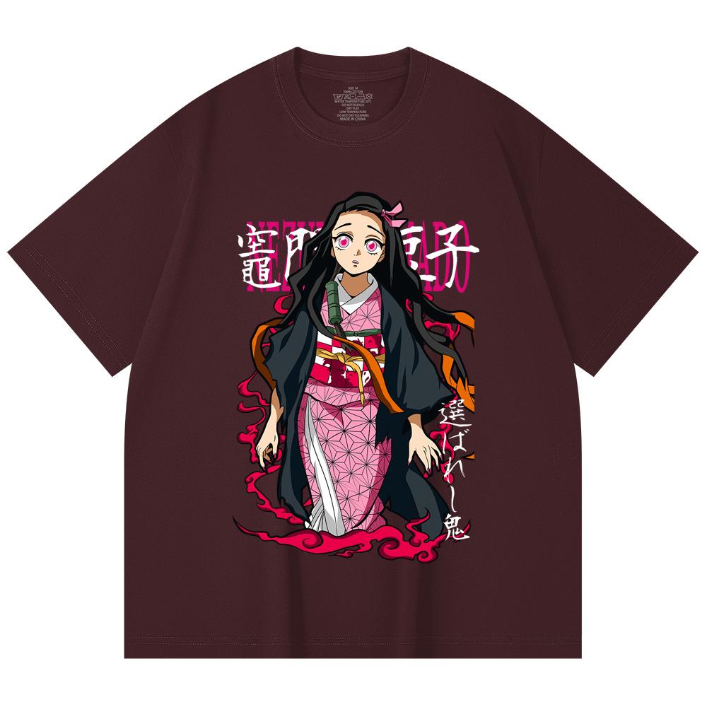 

230 Gsm 100% Cotton Demon Slayer V57 Nezuko Print Unisex Heavy Cotton T Shirt 2XL вина червоного кольору