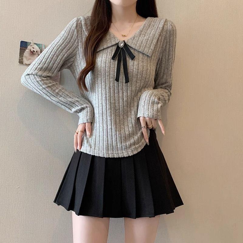 Tie Sweet Doll Collar Bow Tie Sweater, Spring, Autumn and Winter Skinny Cover Up Meat with Long Sleeve Tops, Knitted Inner Ladies Tops