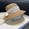 Summer elegant straw woven pearl mesh sunshade straw hat female bow French sunscreen hat seaside bucket hat basin hat