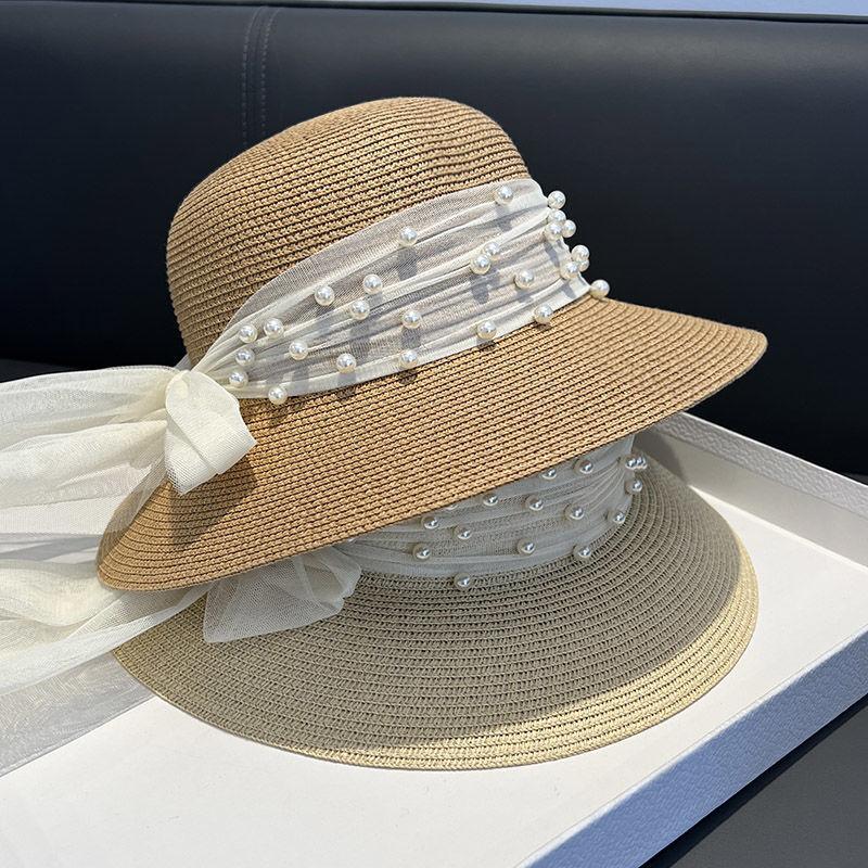 Summer elegant straw woven pearl mesh sunshade straw hat female bow French sunscreen hat seaside bucket hat basin hat