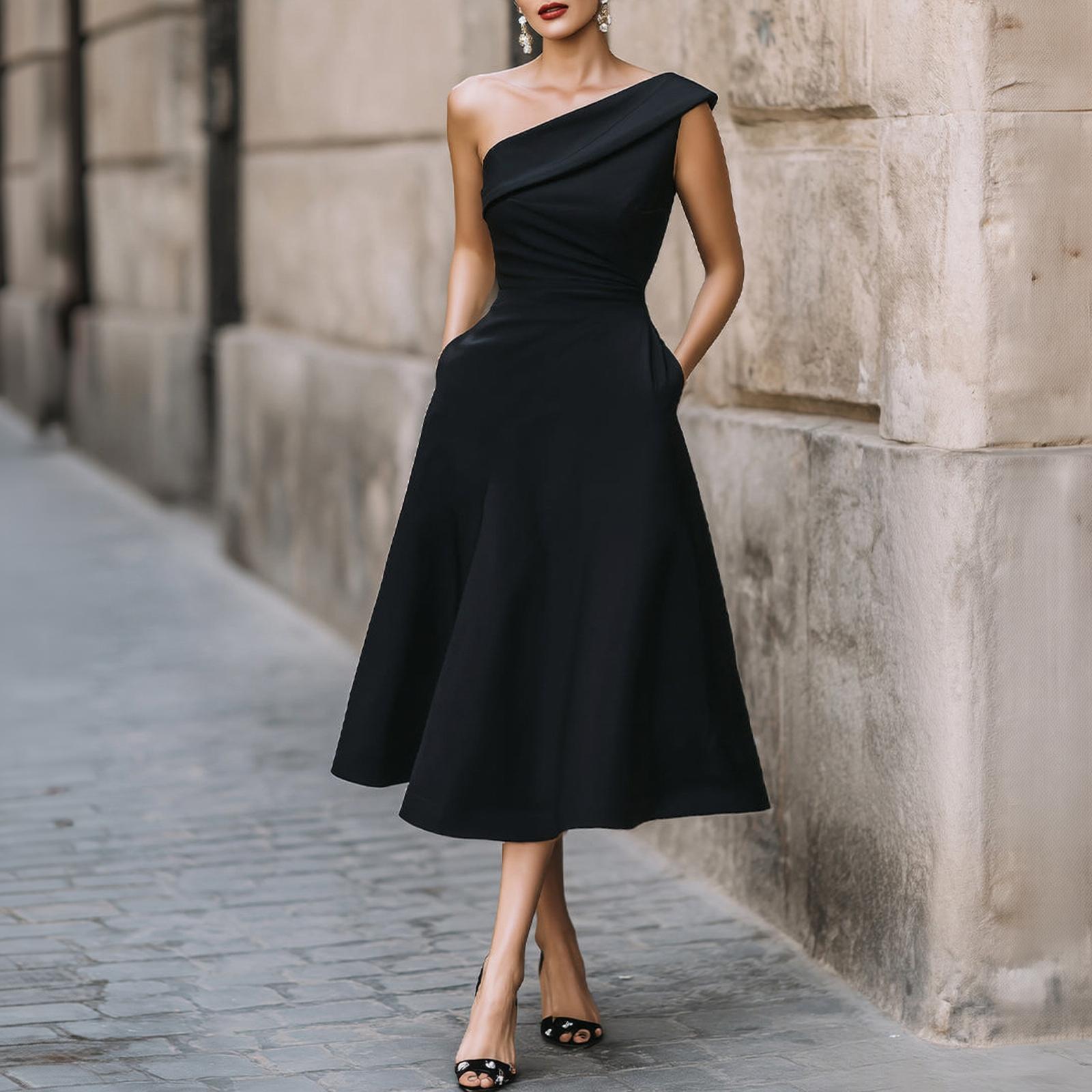 Women One Shoulder Dress Sleeveless Waist Cinched Flared Hem Midi Dress Elegant Evening Party Dress L чёрный