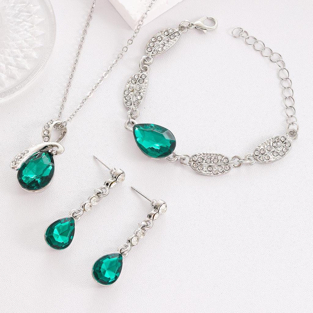 Elegante conjunto de joyas con forma de gota de agua.: Pulsera, collar y pendientes de hojas de diamantes para mujer, colección de 3 piezas