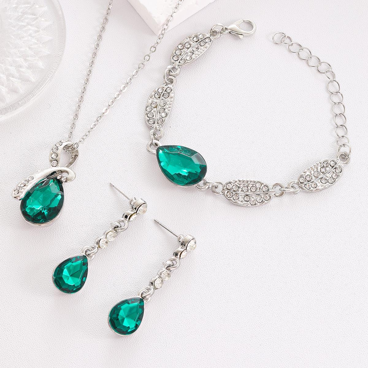 Элегантный комплект украшений с каплями воды: Браслет, ожерелье и серьги «Алмазный лист» для женщин, коллекция из 3 предметов CK0603 зелёный