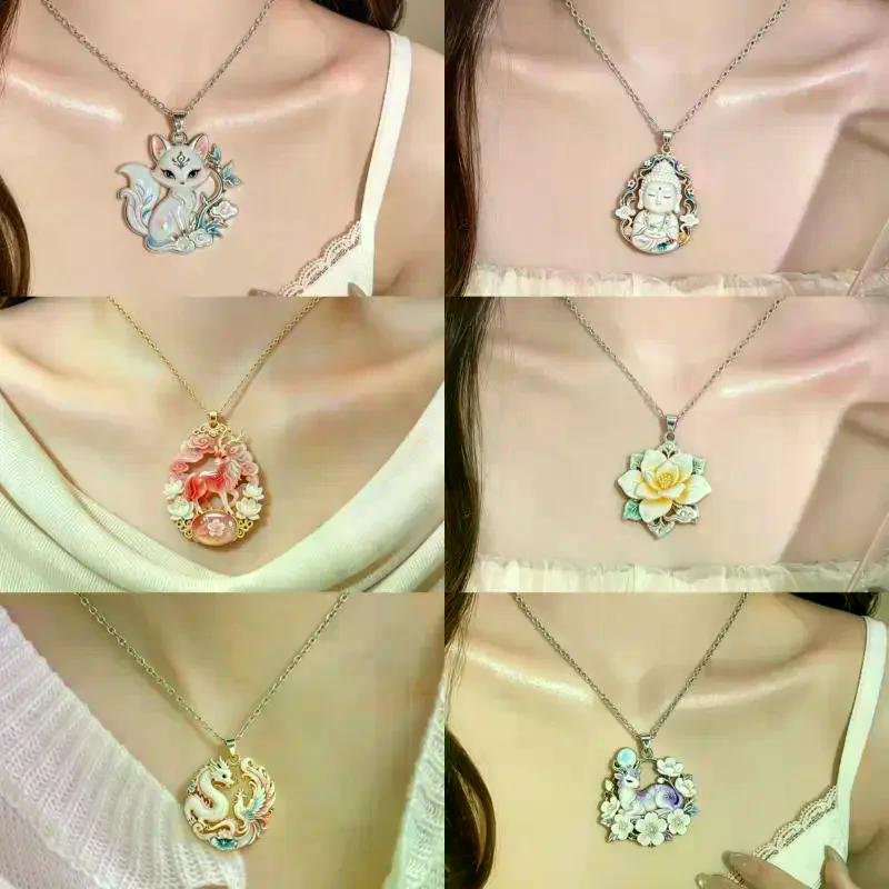 Chinese Mythology Nine Tailed Fox Enamel Pendant Necklace For Women Silver Tone Chain Trendy Exquisite Jewelry Gifts